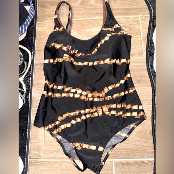 Sariana Designer One-Piece Swimsuit - Black/Brown/Gold Chic Chain Print Size 16 - Picture 1 of 11